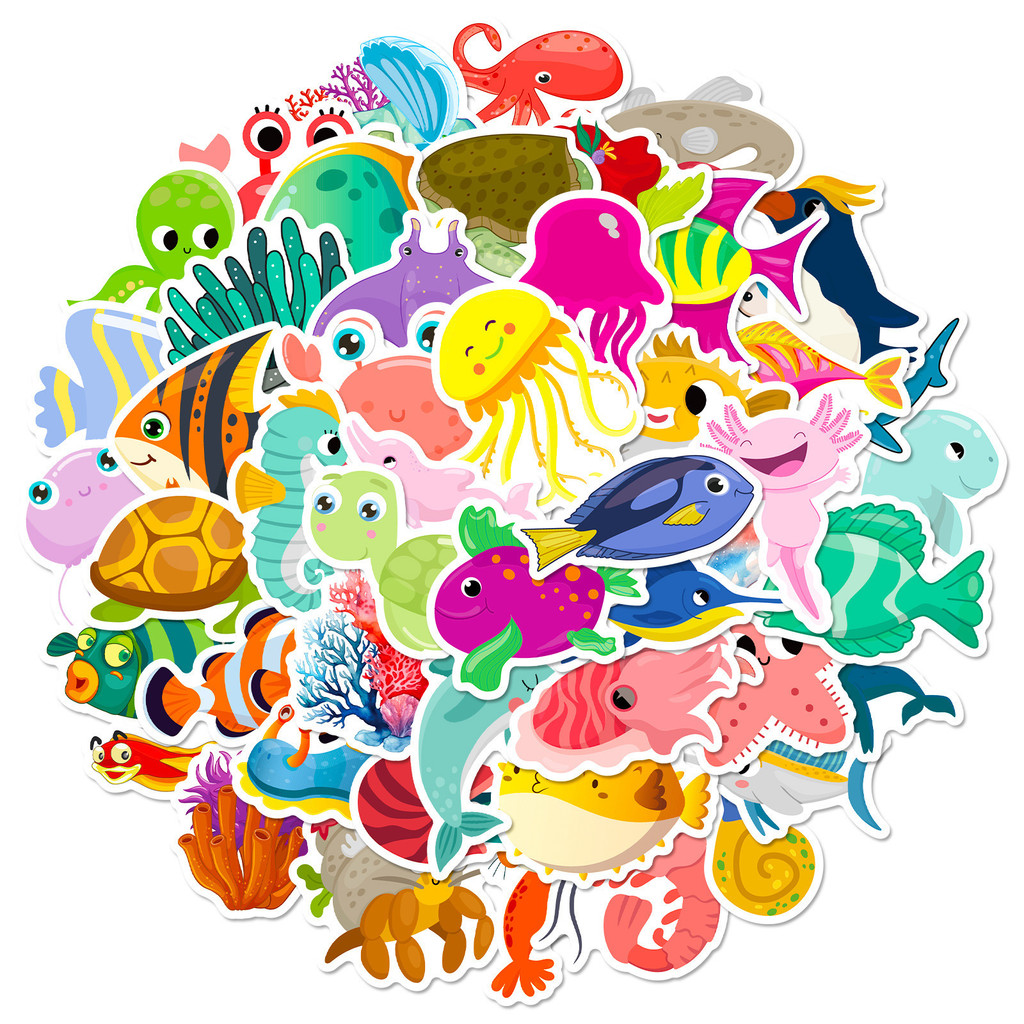 50개 해양 생물 스티커 - 장난감용 귀여운 만화 돌고 - Marine Aquarium Design 리뷰 및 가격